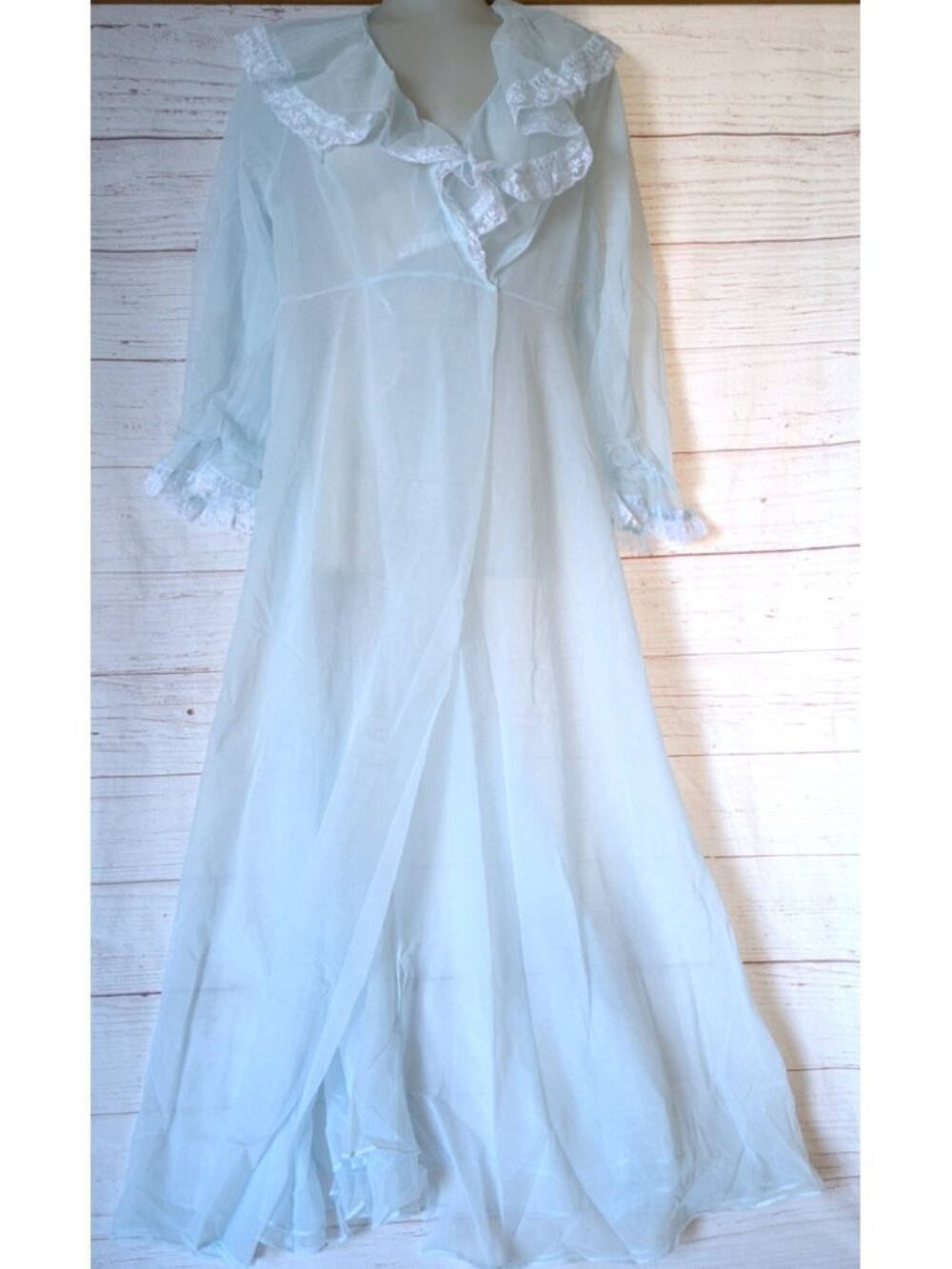 Vintage 1970th Shadowline Women's Maxi Peignoir Lingerie Sky Blue Nylon Lace M
